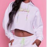 Barbie White Cropped Graphic Beaded Hoodie Size M Photo 6