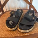 ZARA  black leather and gold hardware espadrille slide sandals 37/7 Photo 2