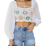 Aerie  Crochet Crop Top White Square Neck Puff Sleeve Boho Festival Size Medium Photo 0
