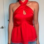 Bebe Vintage Red Silk Halter Peplum Top (Size M) Photo 3