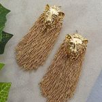 Boutique Statement Glam Gold Lion Earrings with Shimmer Chain Fringe Photo 0