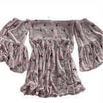 Free People  Shirt Womens XS‎ Pink Lana Off Shoulder Floral Bell Sleeve Boho Photo 5