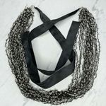 Black Multi Strand Beaded Ribbon Tie Necklace Photo 0
