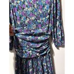 Vintage Floral Print Pleated Midi Dress Women's Long Sleeve Ruched Waist Purple Size 8 Photo 3