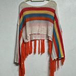 Rainbow Crochet Mesh Fringe Crop Top Poncho Sz S White Photo 6