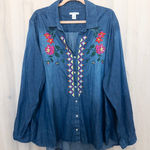 Westbound  Woman Denim Embroidered Shirt Size 3X Blue Floral Cotton Boho Western Photo 0