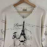 CACTUS Vintage Y2K White Black Paris Eiffel Tower V Neck Graphic Long Sleeve Top Size L Photo 2