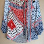 Chico's CHICO’S Size 0 Cold Shoulder Tie Neck Blouse Red Blue Cream Patchwork Bandana Photo 2