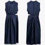 ZARA  Cut Out Waist Satin Effect MIDI Dress W/ Slits Navy Blue Size XS NEW Photo 1