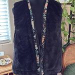 Free People Black Faux Fur Floral Brocade Trim Lined Tie Front Vest Photo 0