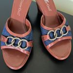 Coldwater Creek EUC  BROWN LEATHER BLUE DENIM WEDGE SLIDE SANDAL Photo 2