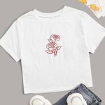 SheIn White Cropped Rose Sketch Tee Photo 0