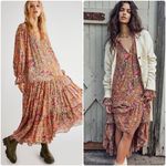 Free People Feeling Groovy Boho Floral Flowy Long Sleeve Maxi Dress in Emerald Photo 3