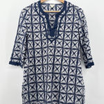J.Crew‎ Navy White Print V Neck Cotton 3/4 Sleeve Tunic Top Women's Size Medium Blue Photo 0