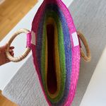 Vintage Pink Rainbow Striped Extra Large Raffia Straw Basket Bag Beach Travel Photo 3
