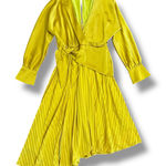 Chartreuse Pleated Wrap Dress Long Sleeve Asym Hem Midi Yellow Women Gold Size M Photo 0