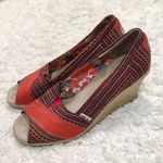 Toms Canvas & Jute Platform Espadrille Striped Peep Toe Wedges Red Tan 10 Photo 0