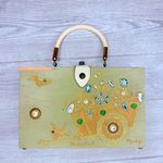 Vintage unique wooden cigar box hand clutch purse jeweled flower cart Madge Green Photo 7