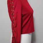 Tea & Cup  Crimson Ribbed Lace Up Bell Sleeve Cropped Mockneck Top Size Large Photo 3