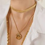 18K Gold coated on Titanium Steel Doble Ring Necklace Herringbone Womens Jewelry Green Photo 2