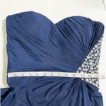 XScape Elegant Navy Blue Strapless Ruched Gown Embellished Waist Long Formal Evening Photo 7