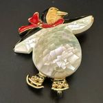 Vintage Unsigned Enameled Penguin Ice Skating Mosaic MOP Belly Brooch 23g. Red Photo 2