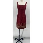 Vintage 90s Embroidered Hem Mini Dress Squareneck Sleeveless Sheath Maroon XS Red Size undefined Photo 2