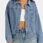 Howdy Lip Print Button Front Denim Jacket. medium blue wash. Size XS Photo 0