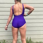 80s Longitude Royal Purple Ruched Faux Button Madonna One Piece Swimsuit 14 TALL Size L Photo 1