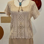 Handmade 70s Woven Cream Short Sleeve Indie Semi Sheer Crocheted Top Photo 0
