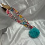 Handmade  Pink and Yellow Floral Wristlet Keychain with Blue Pompom Photo 2