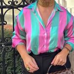 ZARA  7885/138 Barbiecore Satin Pink Seafoam Green Striped Button-down Shirt XS Photo 3