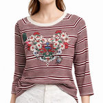 Maje Stripe Embroidered Top Women’s Size Large Red White Floral Heart Tee Photo 0