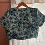 En Saison Passion Top Jacquard Vintage Floral Tapestry Short Sleeve Button NWT S Blue Photo 4