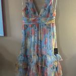 Lulus  Perfectly Divine Blue Floral Tulle Tiered Ruffled Midi Dress Size L NWT Photo 1