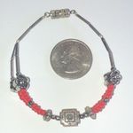 Silver Tone & Red Beaded Floral Tribal Design Boho Seed Bead Bracelet Photo 2