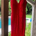 Betsy and Adam  V Neck Lace Mermaid Gown Red Size 6 Photo 4