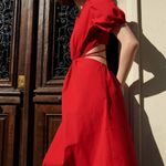 ZARA Cut Out Poplin A-Line MIDI Dress Puff Sleeves Red SIZE XS NEW Photo 8