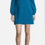 Milly  Teal Long Sleeve Split Neck Mini Dress Puff Sleeve Cocktail Party Size 8 Photo 2