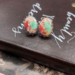 Vintage Mint Green Red Cabochon Earrings Stainless Steel Photo 7