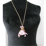 Betsey Johnson Cheerleader Necklace Gold Tone Pink Bear Crystal Pom Poms Movable Photo 9