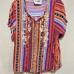Savanna Jane Embroidered Striped Tassel Tie Top Blouse Womens Size S Bohemian Red Photo 0