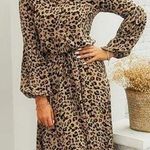 Anthropologie Leopard Cheetah Print Pattern Long Sleeve Midi Dress Button Cinch Waist Large Photo 0