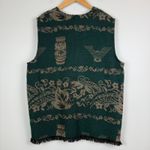 Vtg Sweater Vest Women L Green Tribal Print Fringe Hem Tiki Aztec Southwestern Size L Photo 1