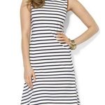 Ralph Lauren Faux Leather Trim Sleeveless Striped Flare Dress Small Photo 0