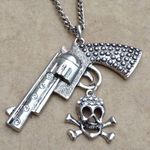 Silver Tone Crystal Gun Skull Long Pendant Neck Photo 0