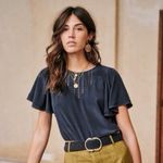 Sézane  Matty Ruffle Silk Short Sleeve Blouse | Sz FR 38 (US 6) | Navy Blue Photo 2