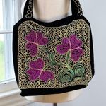 Floral Gold Embroidered Purple Flower Black Velvet Tote Bag Photo 1