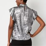 Worthington 2X Shimmering Silver Blouse Keyhole Neck Short Sleeve Satin Photo 14