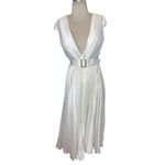 Mac Duggal Ieena for  Pleated Cap Sleeve Belted A-Line Midi Dress in White Formal Photo 3